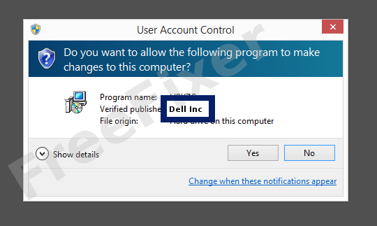 Screenshot where Dell Inc appears as the verified publisher in the UAC dialog